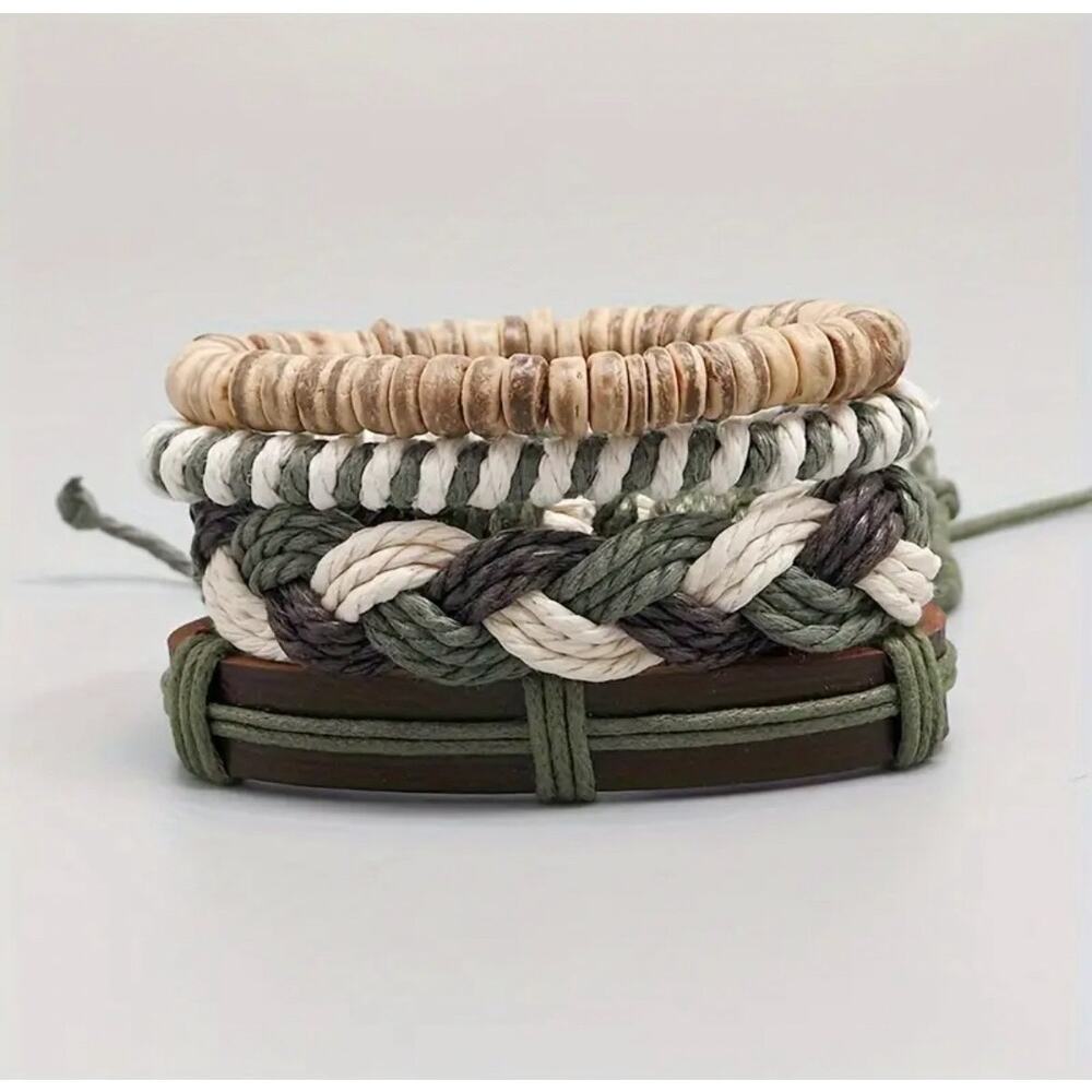 4pcs Set Trendy Handcrafted Multi-Layer PU Leather & Hemp Rope Bracelets, Unisex